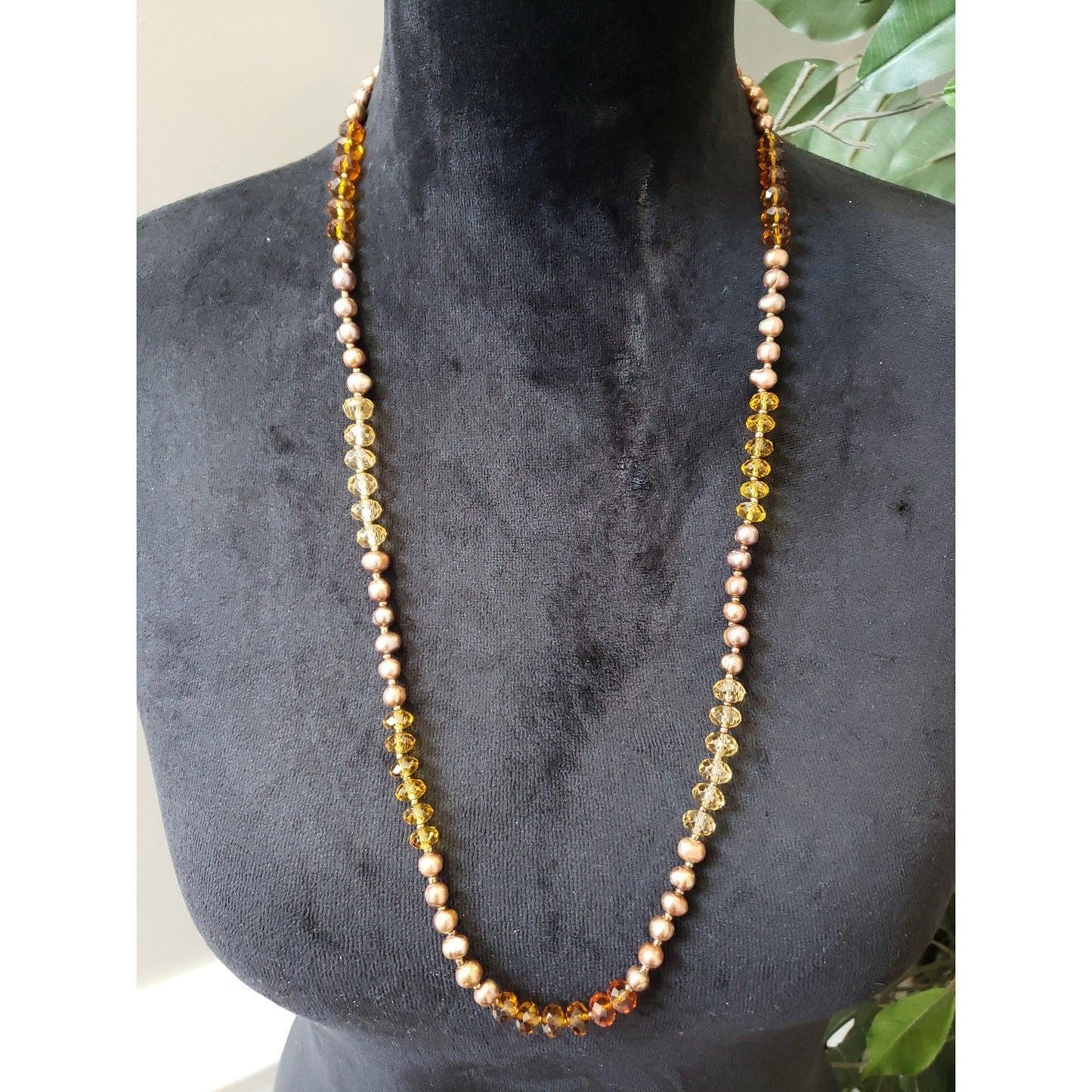 Vintage Amber Yellow Brown Beaded Necklace Faceted Glass & Faux Pearls