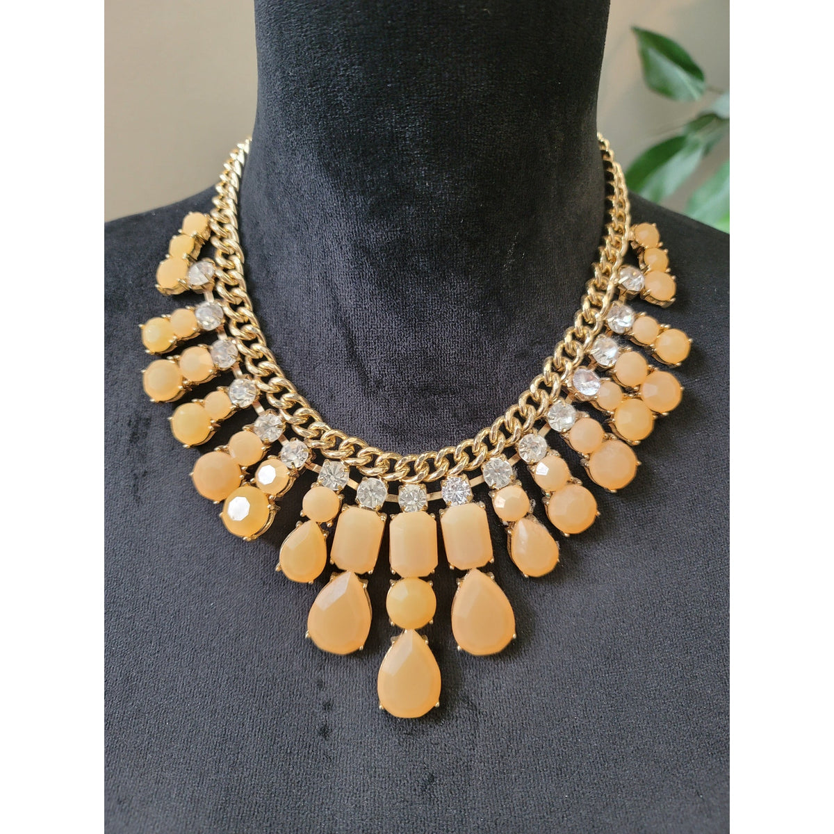 Women's Gold Tone Orange Teardrop Rhinestone Statement Bib Necklace Jewelry
