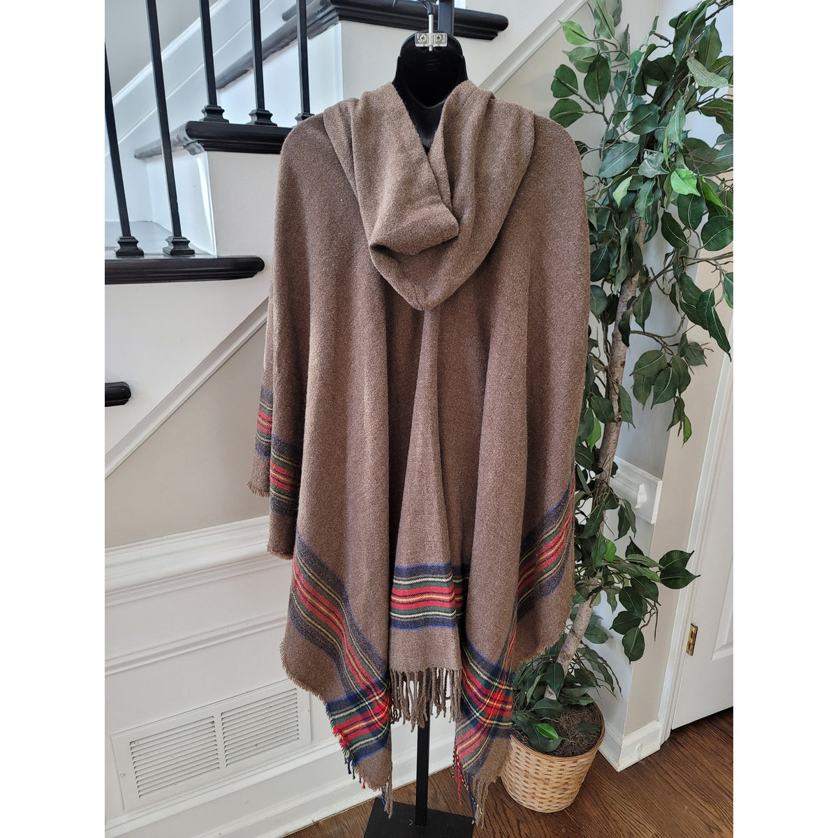 Do Everything in Love Poncho Cape Women's One Size Brown Tartan Plaid Fringe