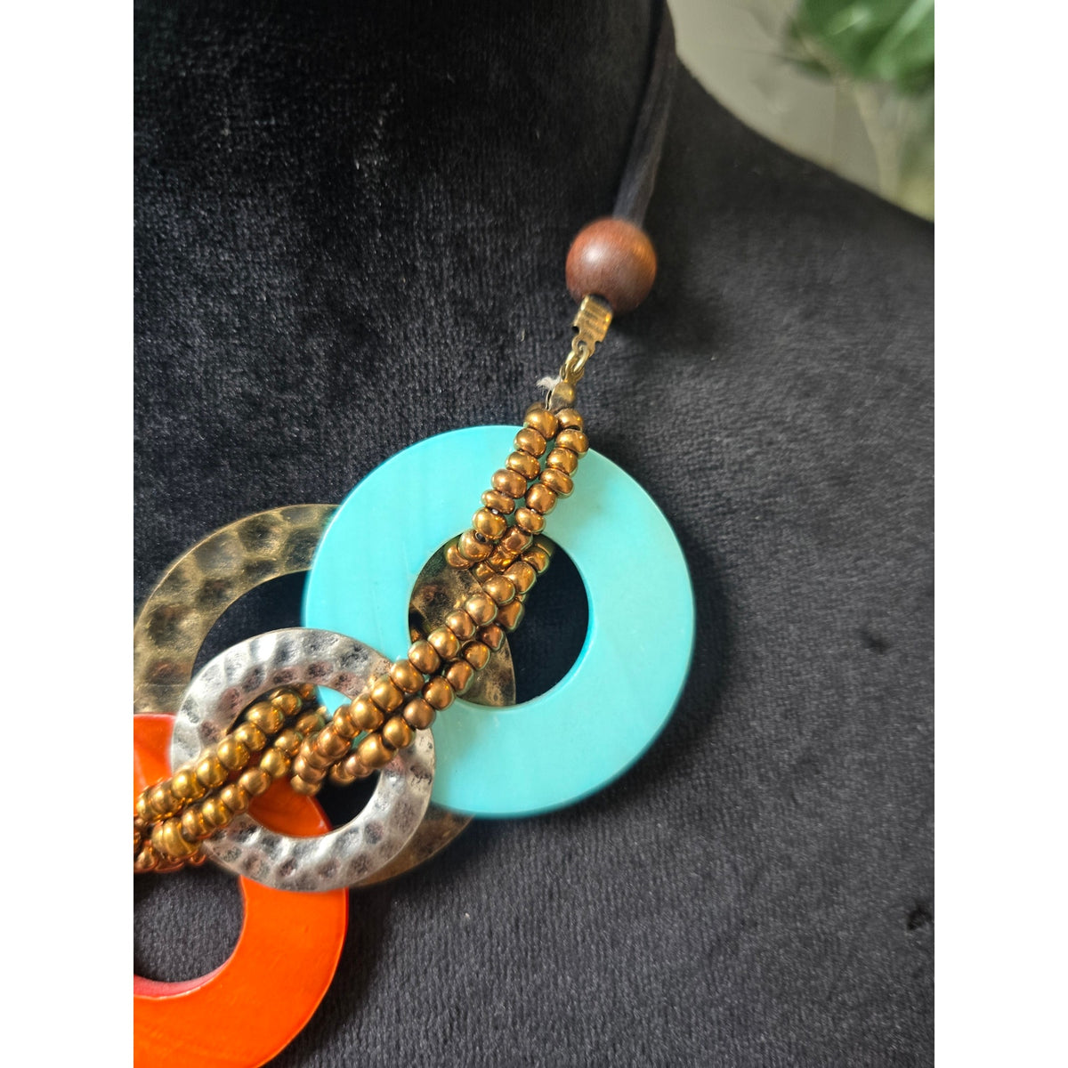 Turquoise Orange Gold Tone Oversized Mixed Circle Beaded Boho Necklace