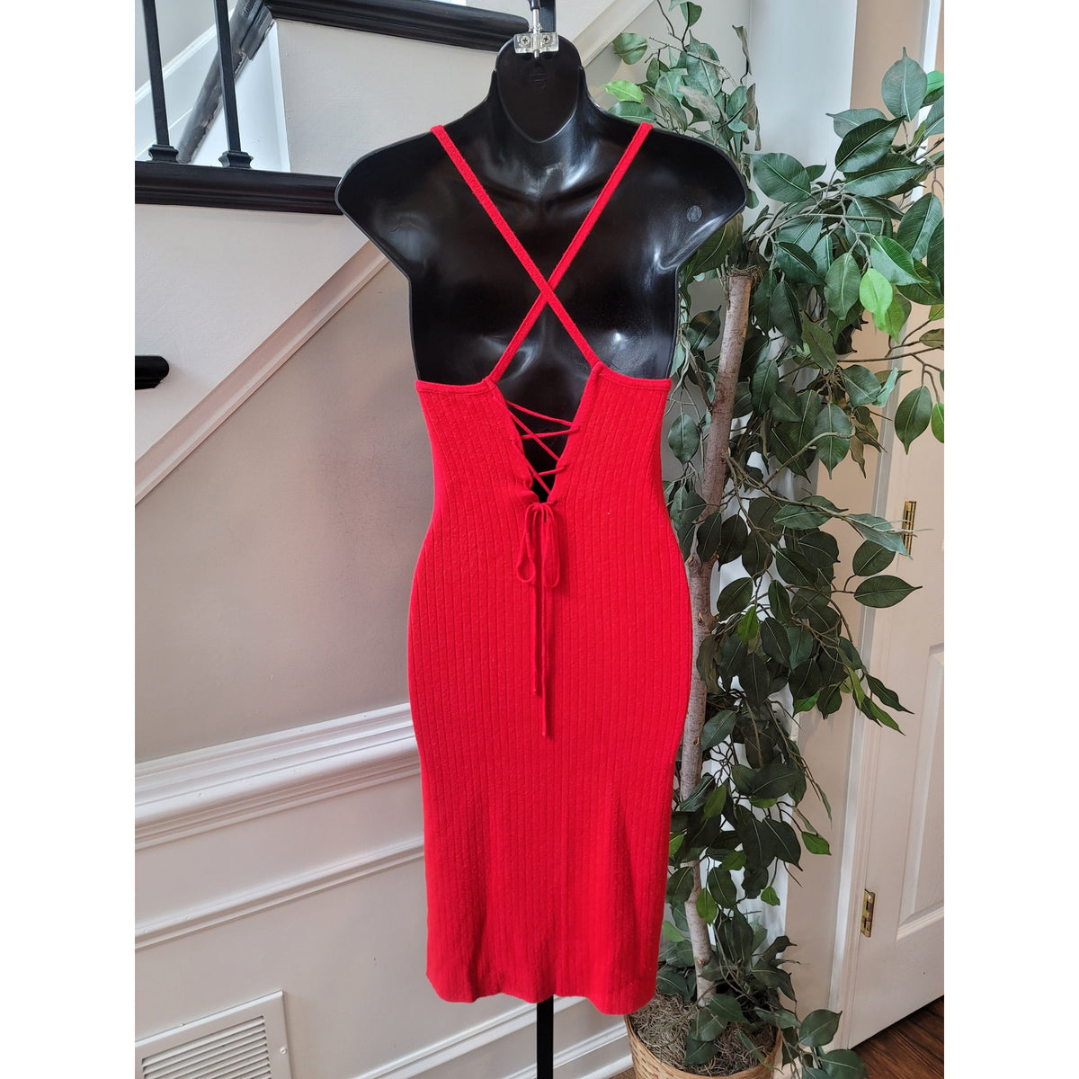 Windsor Knit Bodycon Dress Women Size Small Red Sleeveless Crisscross Back