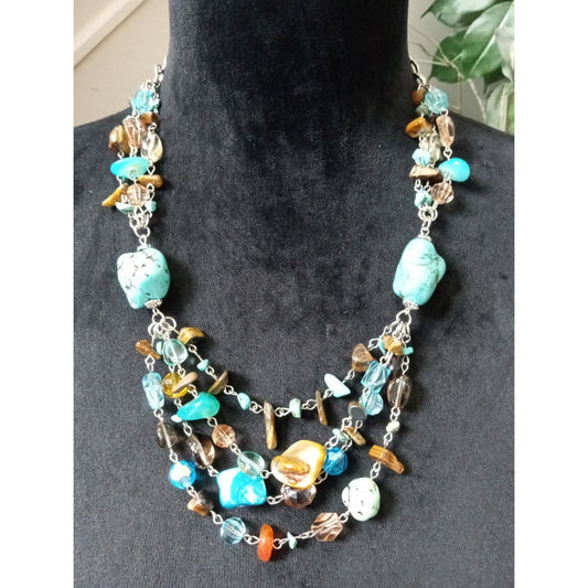 Turquoise Multi Strand Beaded Statement Necklace Boho Gemstone Chip Necklace