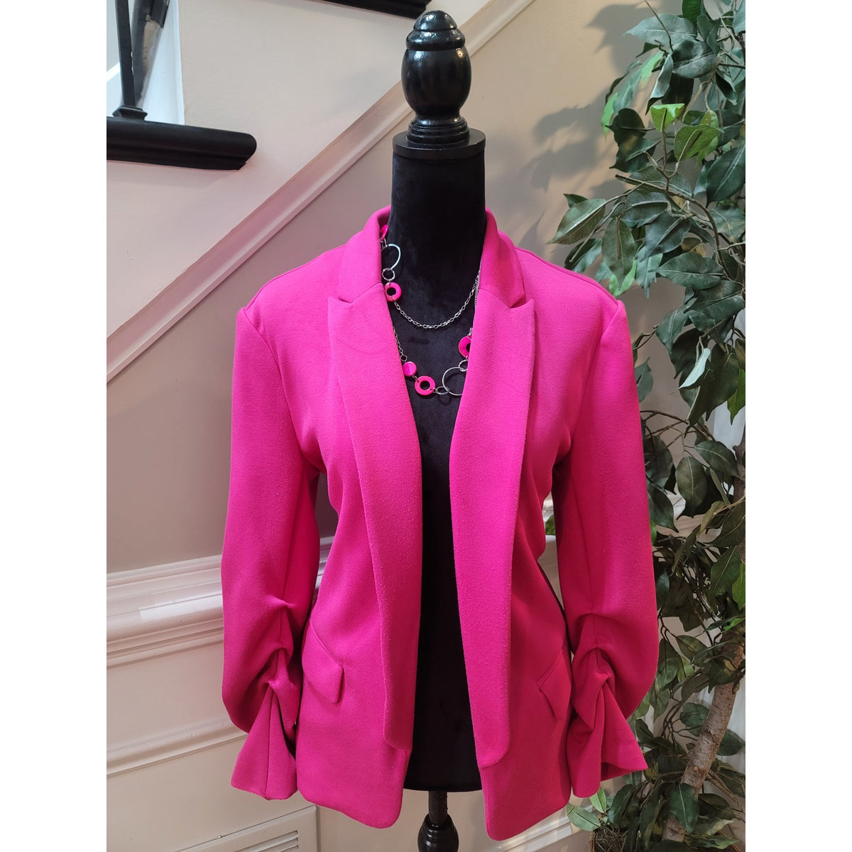 Scoop Blazer Jacket Women M(8-10) Hot Pink Scrunch Sleeve Open Front Flap Pocket