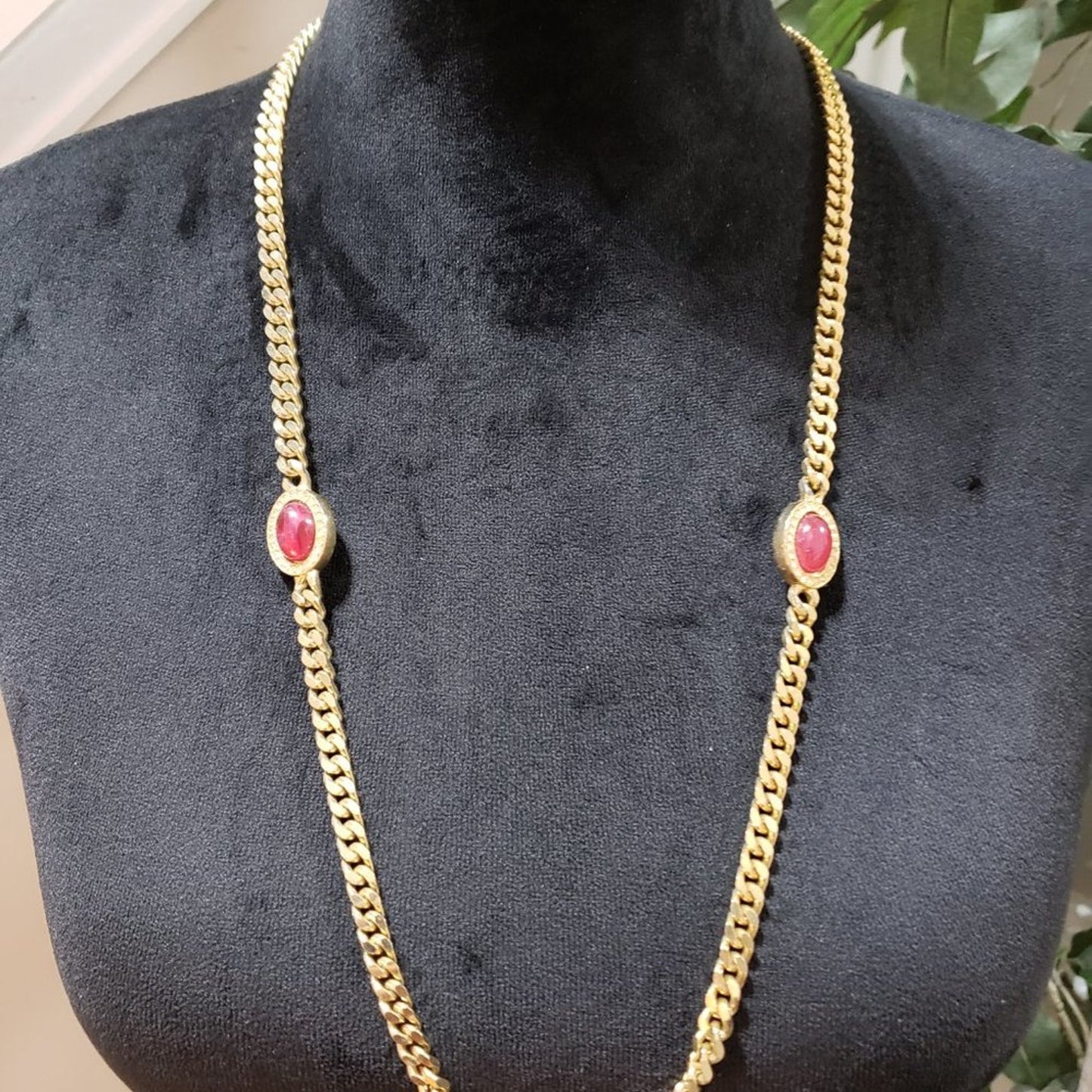 Womens Fashion Gold Tone Curb Chain 2 Ruby Cabochon Bead Cuban Long Necklace