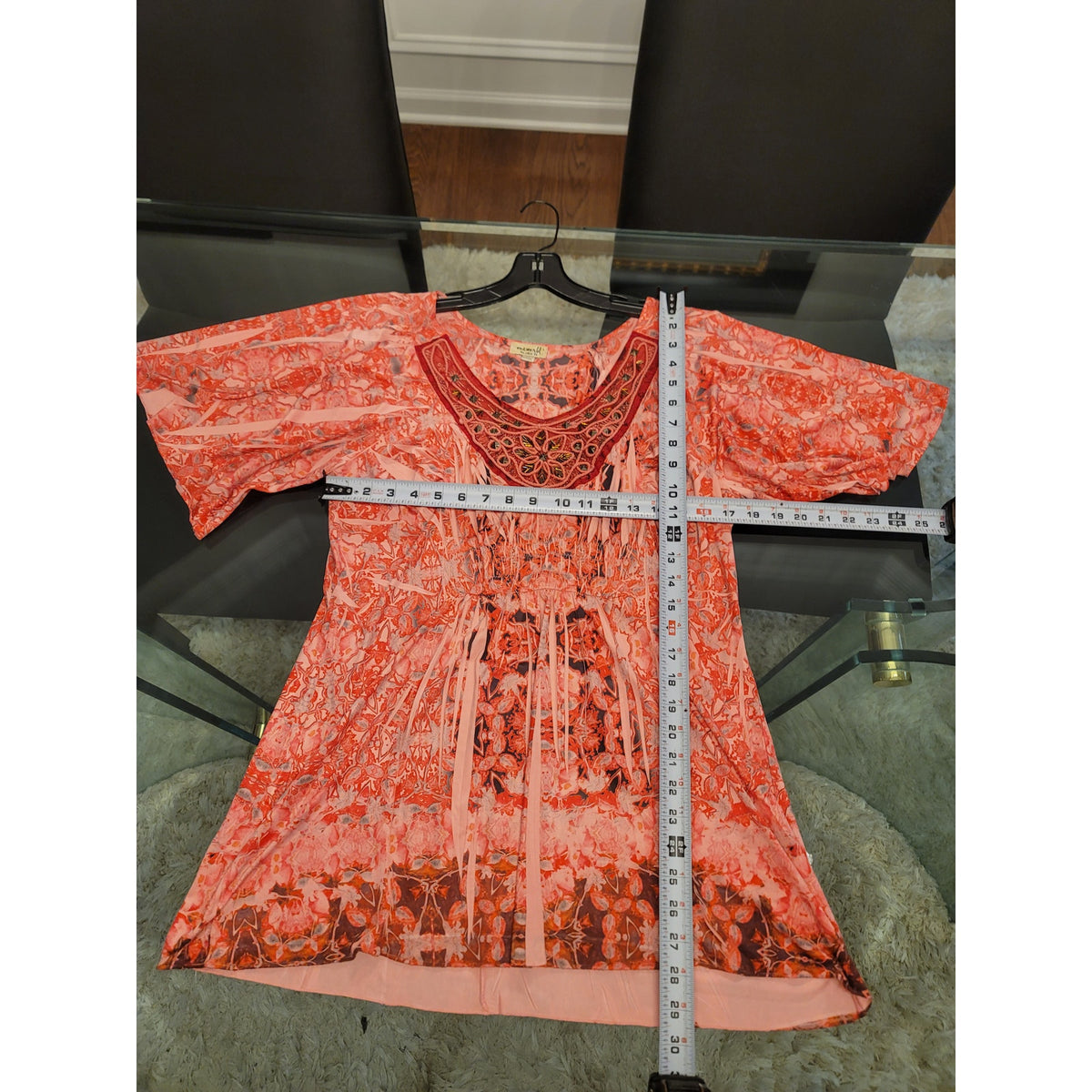 One World Blouse Top Women's Large Pink Floral Smocked Flutter Sleeve Scoop Neck