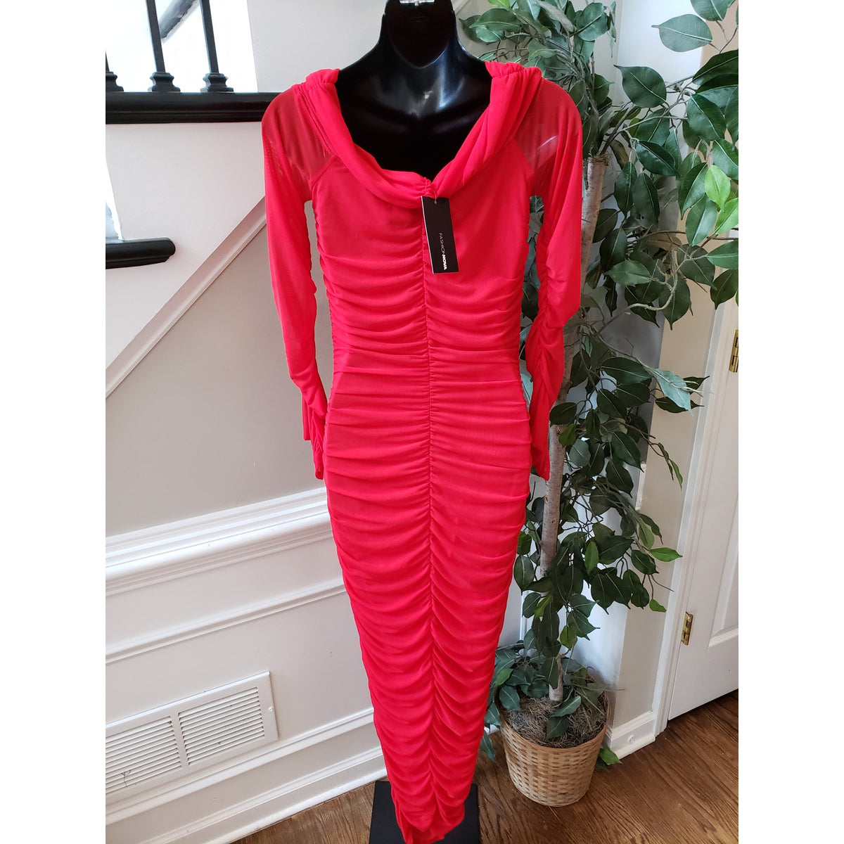 Fashion Nova Slinky Ruched Maxi Dress Womens S Red Cowl Neck Sheer Sleeve Lined
