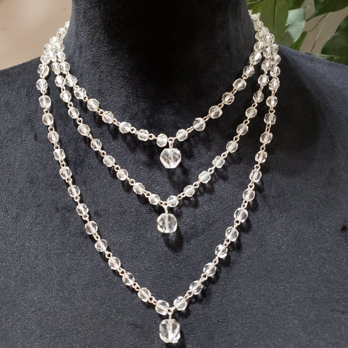 Womens Fashion Triple Strand Clear Faceted Rhinestones Beaded Charm Necklace