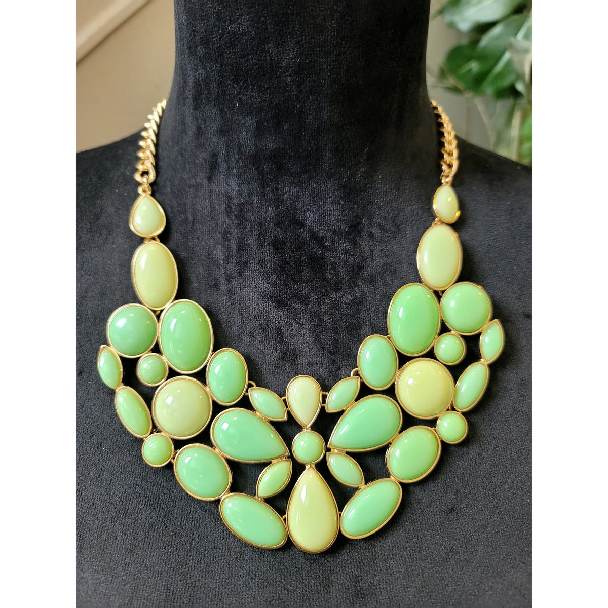 Mint Green Gold Tone Cabochon Bib Statement Necklace Chunky