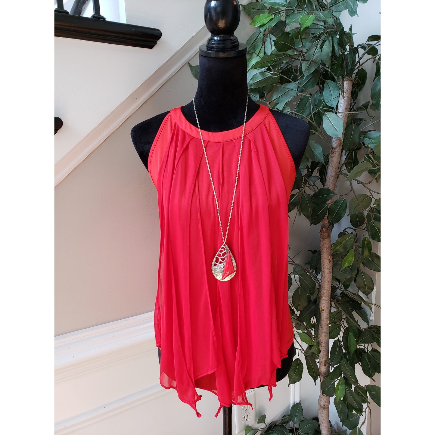 Venus Tank Top Womens S Red Fringe Draping Down Front Halter Neck Sleeveless
