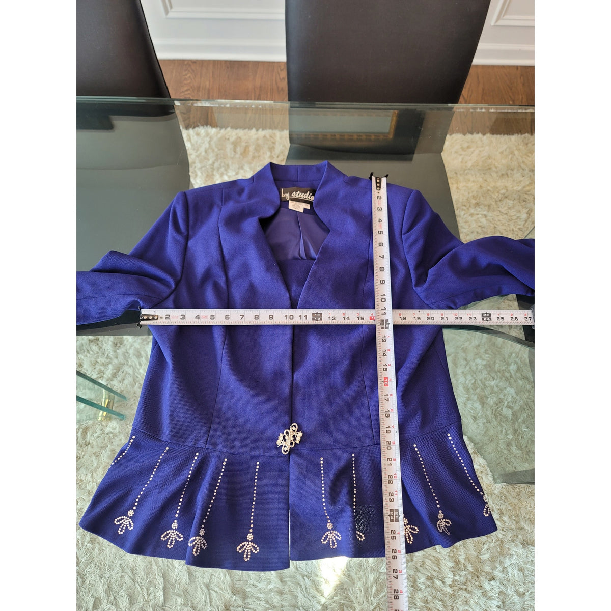 Bmj Studio Skirt Suit Women's Size 18 Blue Rhinestone Fully Lined Back Slit