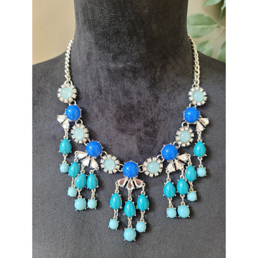 Women's Blue Beaded Statement Necklace with Teardrop Charms Lobster Clasp