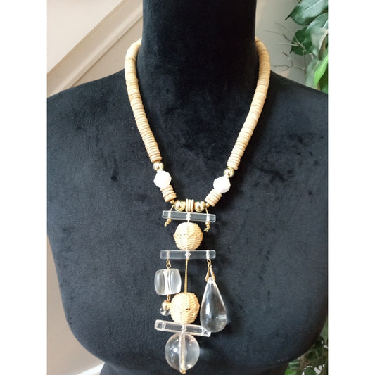 Natural Wood & Clear Acrylic Drop Pendant Necklace Boho Tribal Statement Jewelry