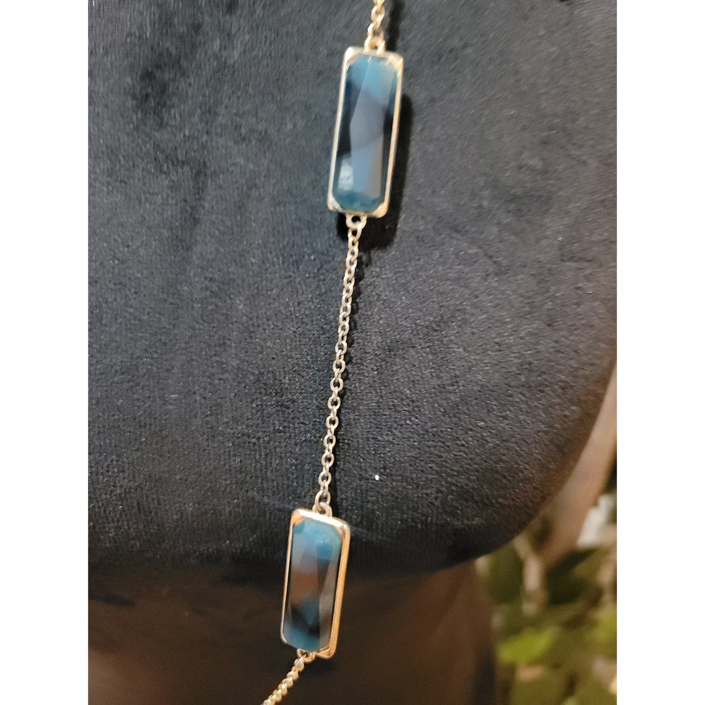 Women’s Gold Tone Long Chain Necklace With Blue Rectangular Stones Lobster Lock