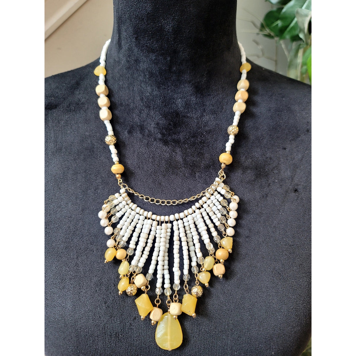 White Gold Beaded Fringe Bib Statement Necklace Boho