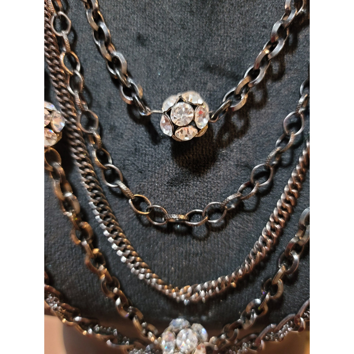 Womens Layered Gray Chain Necklace With Crystal Flower Accents Statement Jewelry