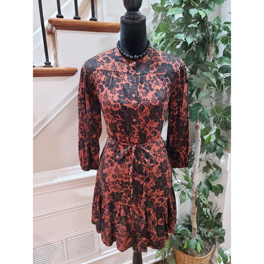 Gap Women's Brown Floral Crew Neck Long Sleeve Button Front Knee Length Dress XS