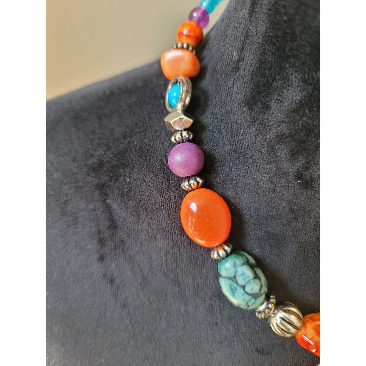 Women's Colorful Beaded Statement Necklace With Orange Circle Pendant Design