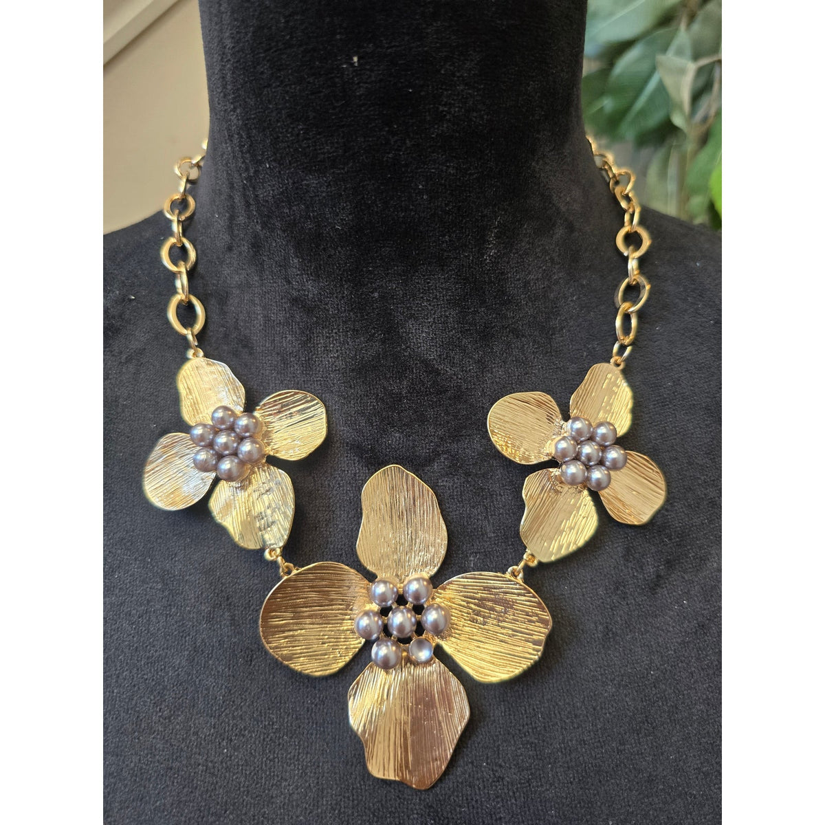 Jaclyn Smith Collection Gold-tone 3 Textured Floral Motifs Statement Necklace