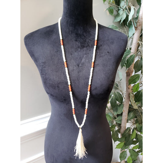 Women's Beaded Long Necklace Ivory Red Beads Tassel Pendant Lobster Clasp Jewelry