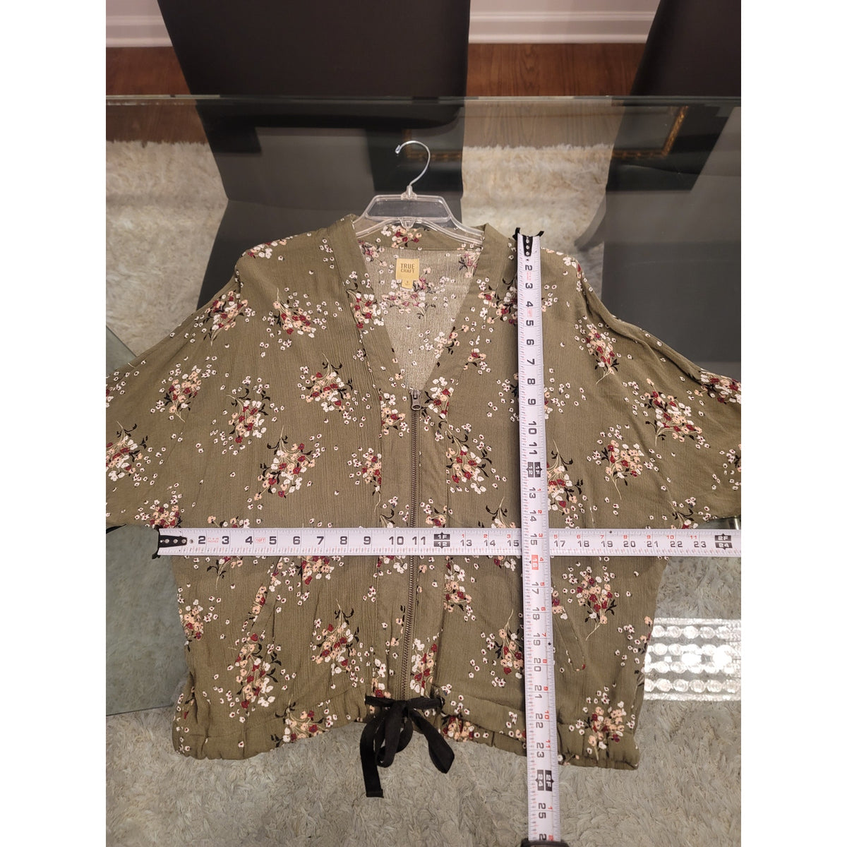 True Craft Bomber Jacket Women Small Olive Green Floral Slash Pocket Long Sleeve