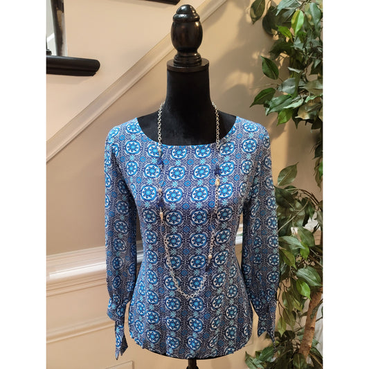 Charming Charlie Blouse S Multi Geometric Scoop Tie Long Sleeve Casual Pullover
