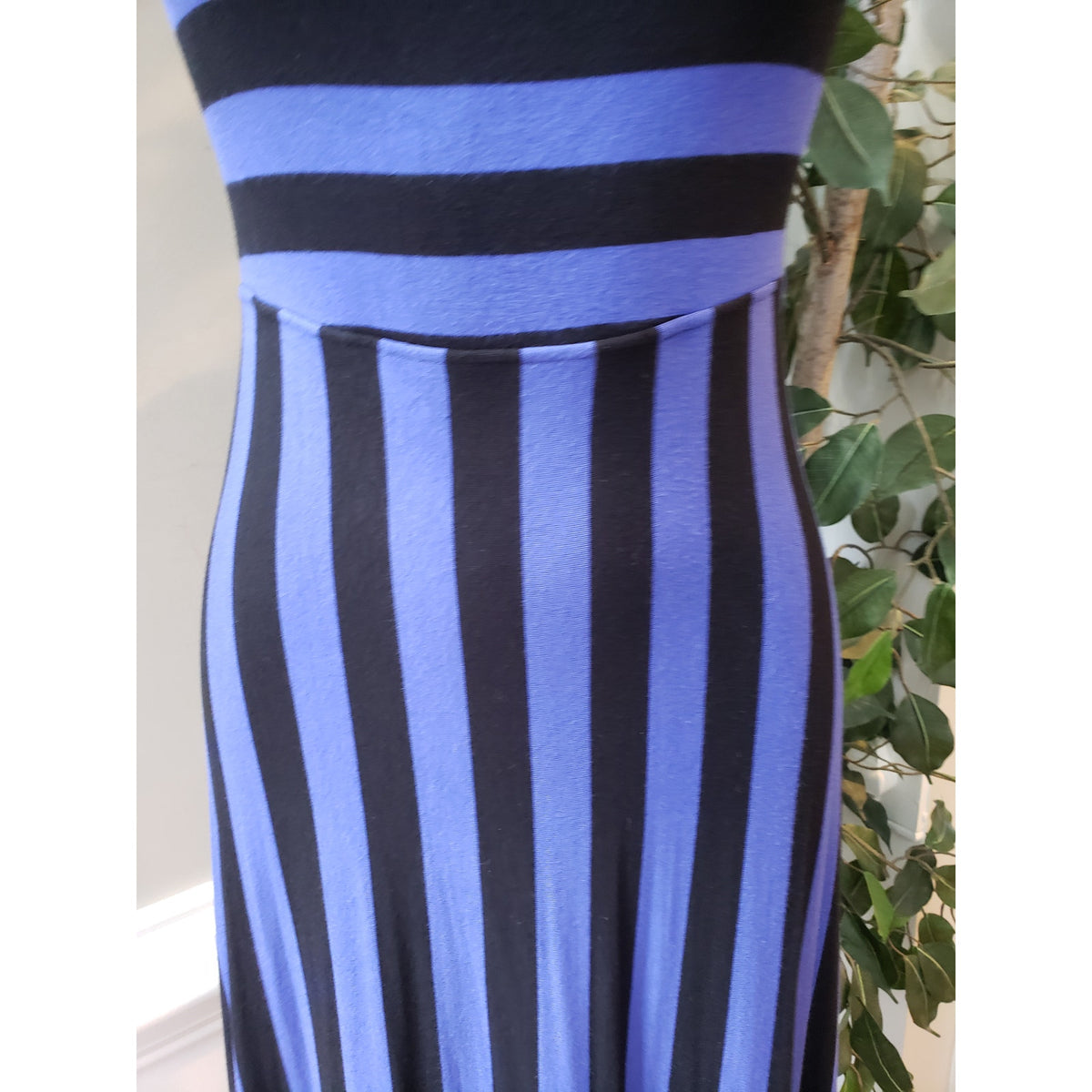 Women's Long Maxi Dress XS Black & Blue Stripped Tube Stretch Off The Shoulder