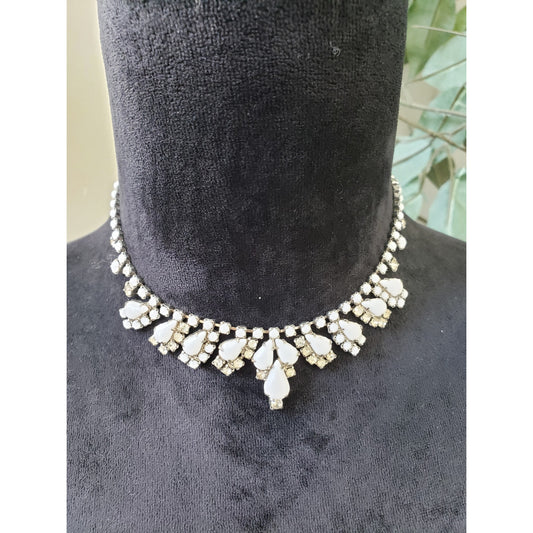 Womens Silver Tone Milk Glass Rhinestone Choker Necklace Jewelry with Hook & Eye