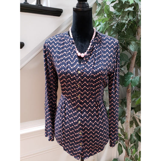 Anthropologie Maeve Navy Pink Polka Dot Long Sleeve Button Down V-Neck Blouse M