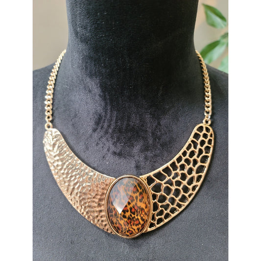 Women's Gold Tone Leopard Print Statement Bib Necklace Chunky Chain Jewelry