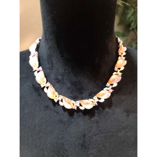 Women's Leaf Necklace Pink Enamel Floral Rhinestone Choker Hook Clasp Jewelry