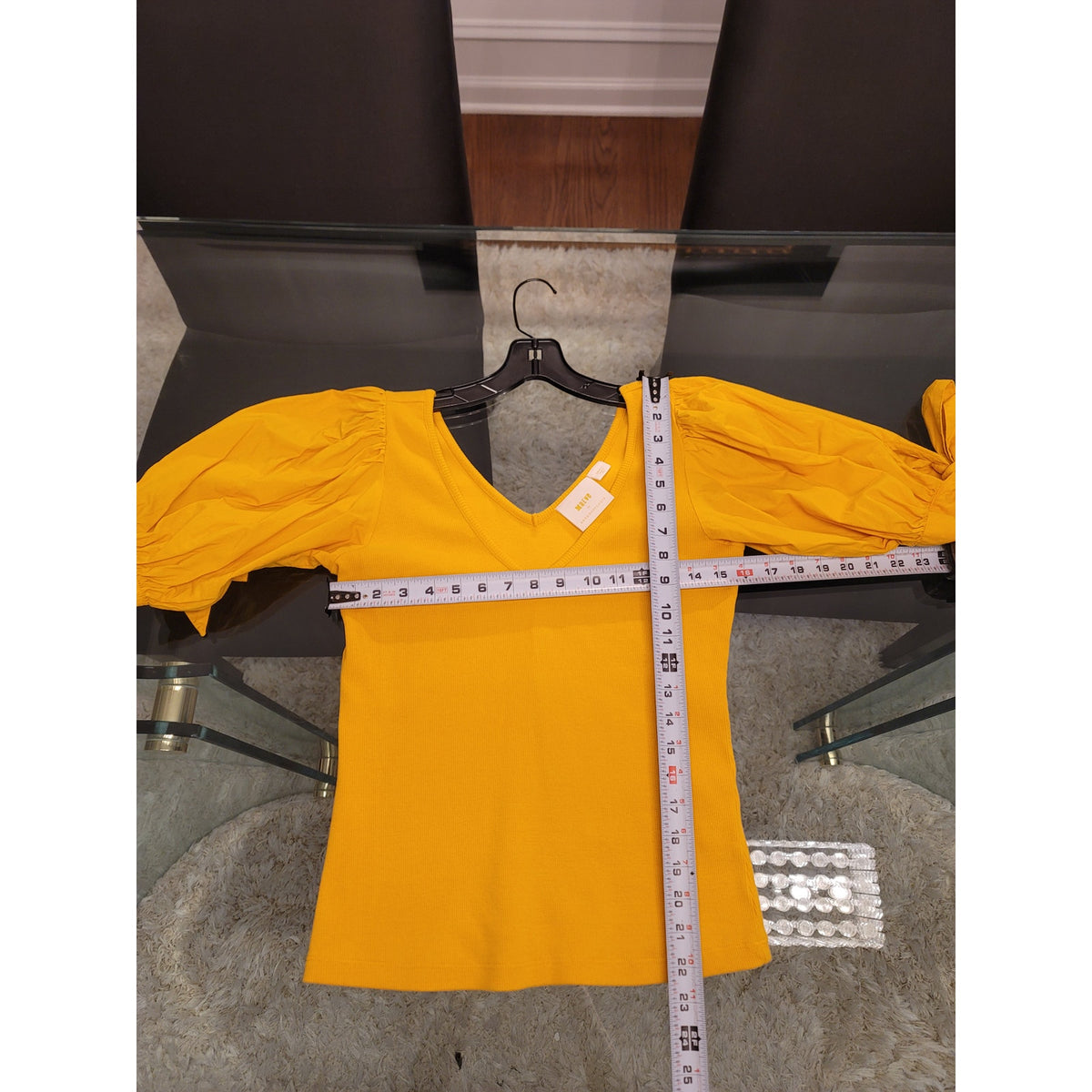 Maeve Blouse Top Women's Small Yellow Ribbed Knit V-Neck Tie-Cuff Puff Sleeves