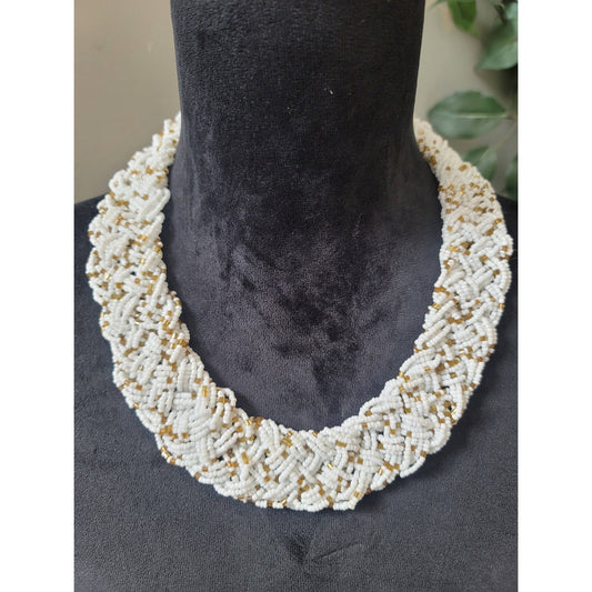 Women's White Gold Seed Beaded Necklace Lobster Claw Clasp Handmade Jewelry
