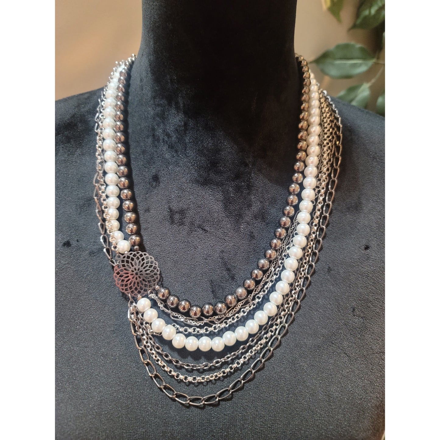 Women's Multi Layer Pearl Beaded Chain Necklace With Silver Flower Pendant