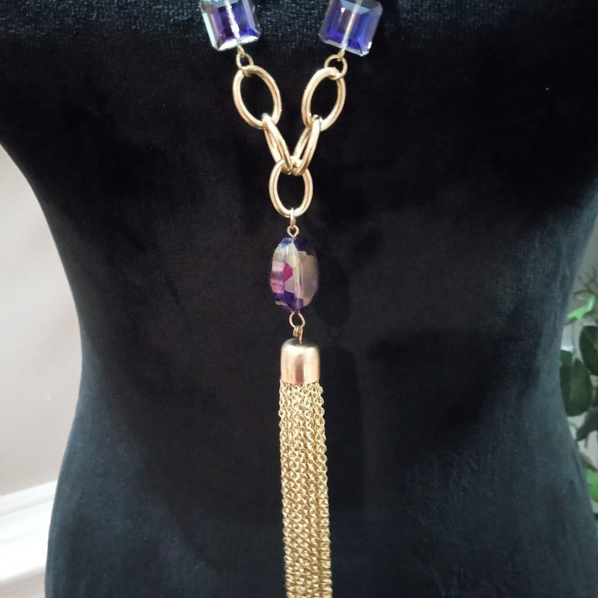 Women Fashion Elegant Blue Rhinestone Beads Gold Tone Tassel Pendant Necklace