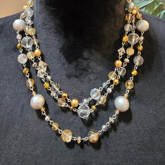 Womens Gold Tone Clear 3 Strand Faceted Beaded Necklace with Lobster Clasp