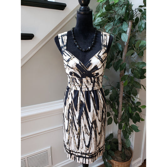 Ann Taylor Sheath Dress Women 12 Beige Black Geo Print Empire Waist Side Pockets