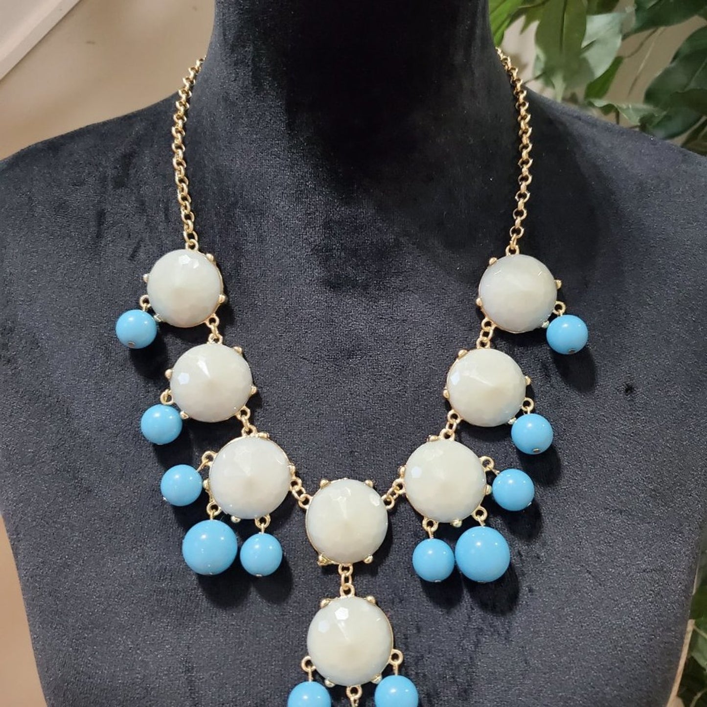 Womens White Blue Bubble Beaded Gold Tone Statement Necklace with Lobster Clasp