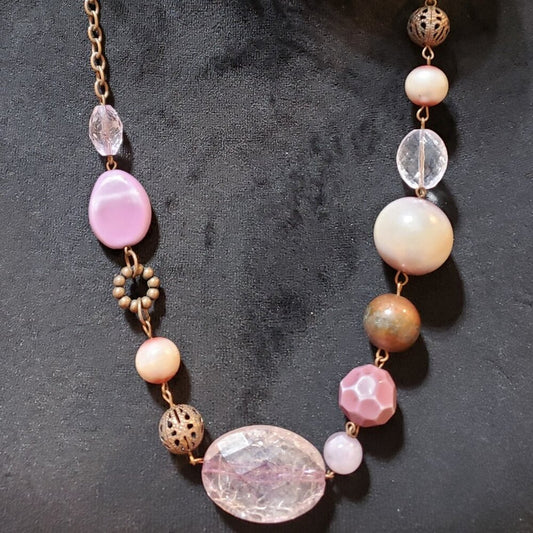 Womens Fashion Pink Rose Quartz Palm Wood Silk Necklace Jewelry w/ Lobster Clasp