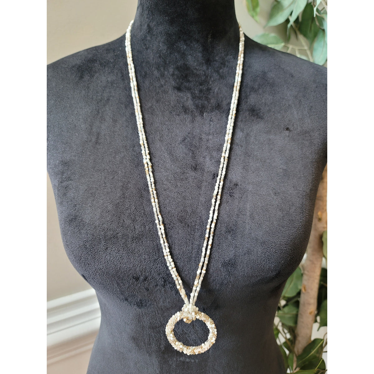 Women's Beaded Necklace With White And Gold Seed Beads And Circle Pendant