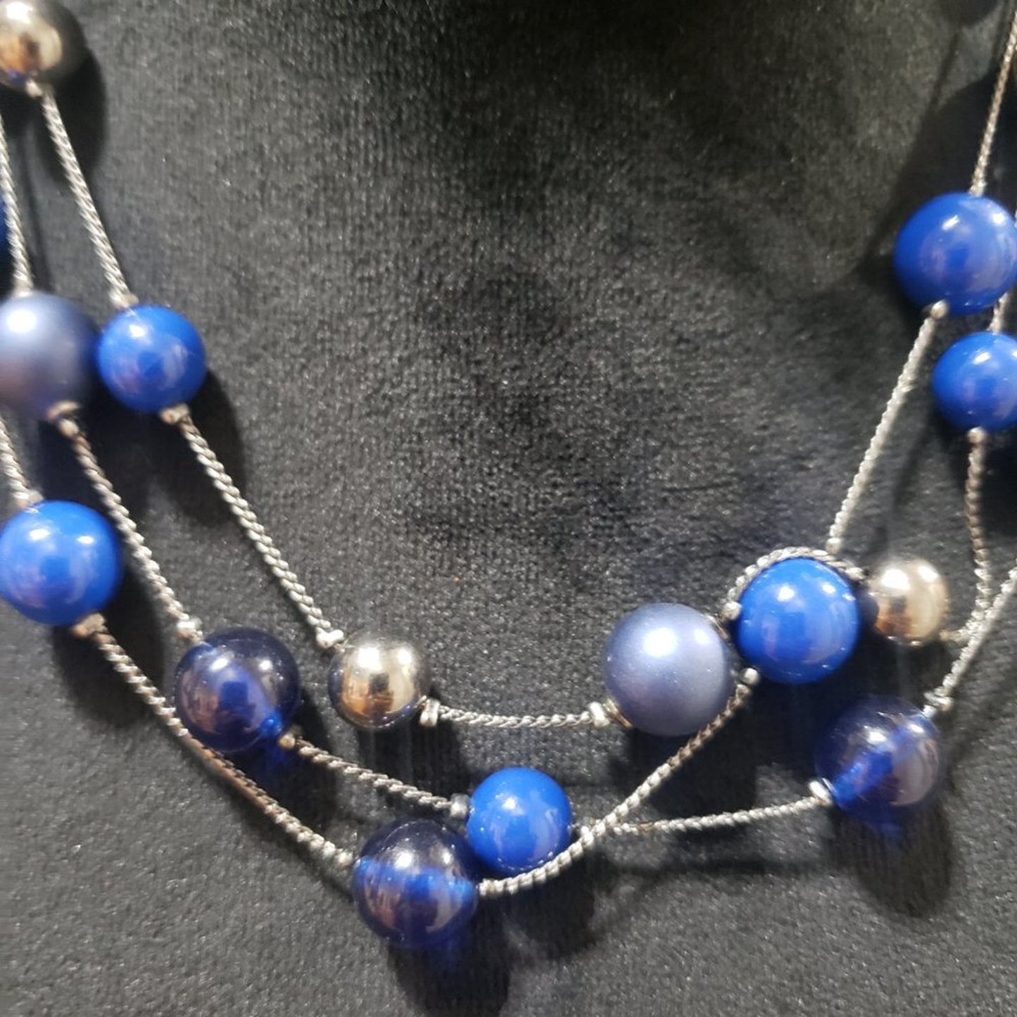 Women Triple Layered Blue and Silver Color Charm Beads Statement Choker Necklace