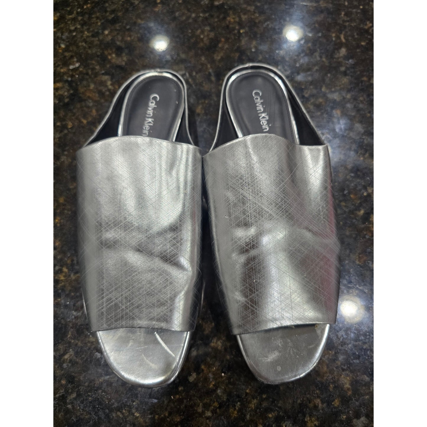 Calvin Klein Sandals Women's Size 8 Silver Leather Open Toe Slide Mule Heels