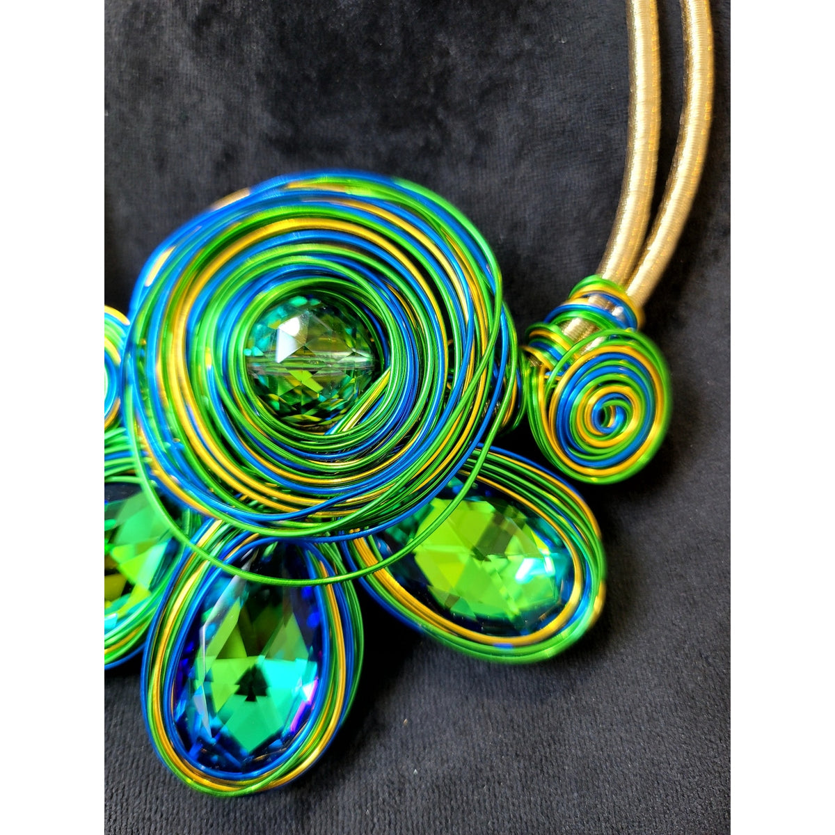 Statement Wire Wrapped Crystal Pendant Necklace Blue Green Gold Art Jewelry