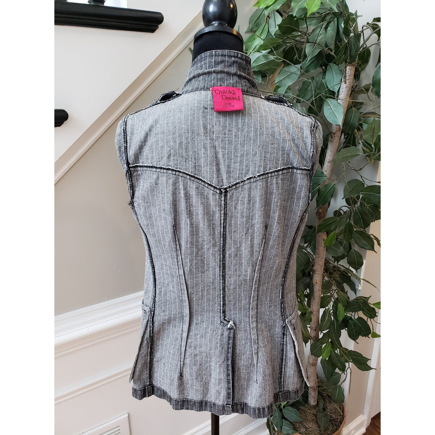 Carlo's Denims Blazer Jacket Women Small Gray Striped Peak Lapel Single Breasted