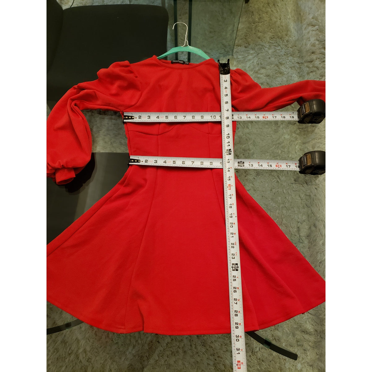 Boohoo Skater Dress Women's 4 Red Bust Detail Blouson Sleeve Crew Neck Pullover