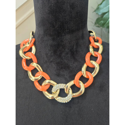 Lightweight Orange Gold Tone Chunky Chain Link Rhinestone Statement Necklace