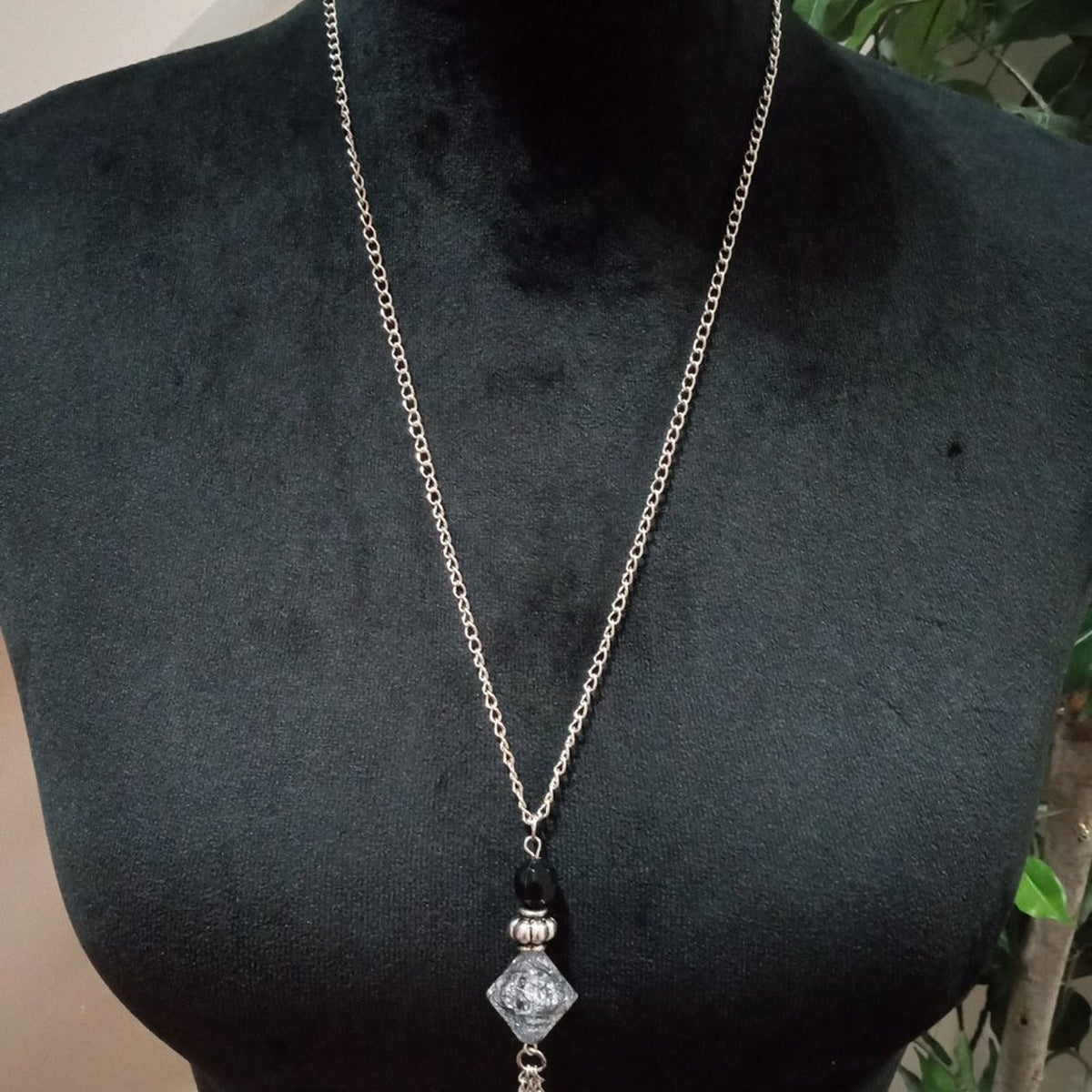 Women Fashion Elegant Clear & Black Rhinestone Silver Tassel Pendant Necklace