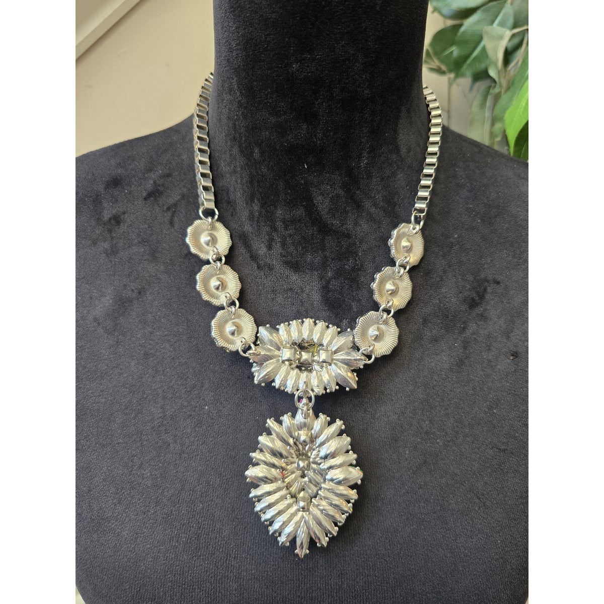 Women's Silver-tone Multi-color Rhinestone Medallion Pendant Statement Necklace