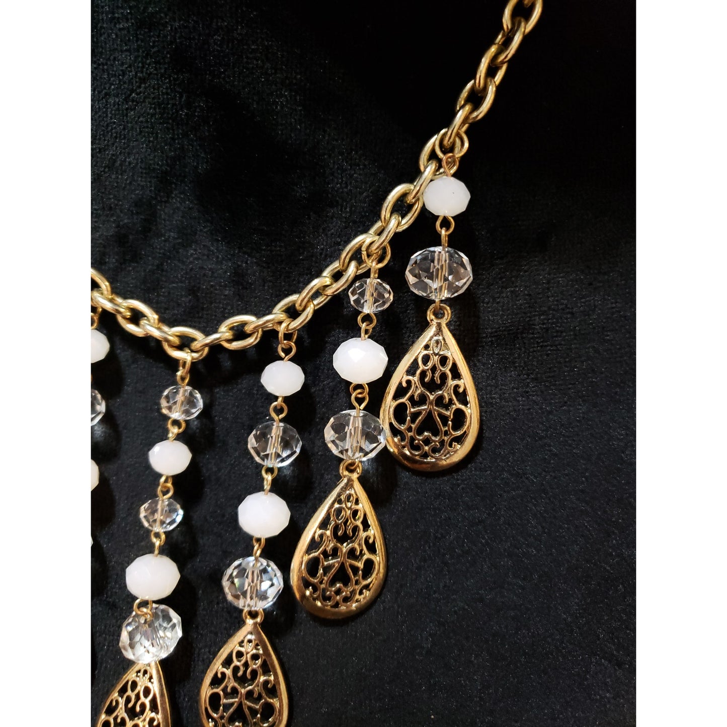 Womens Gold Tone Glass Acrylic Beads Filigree Teardrop Fringe Statement Necklace
