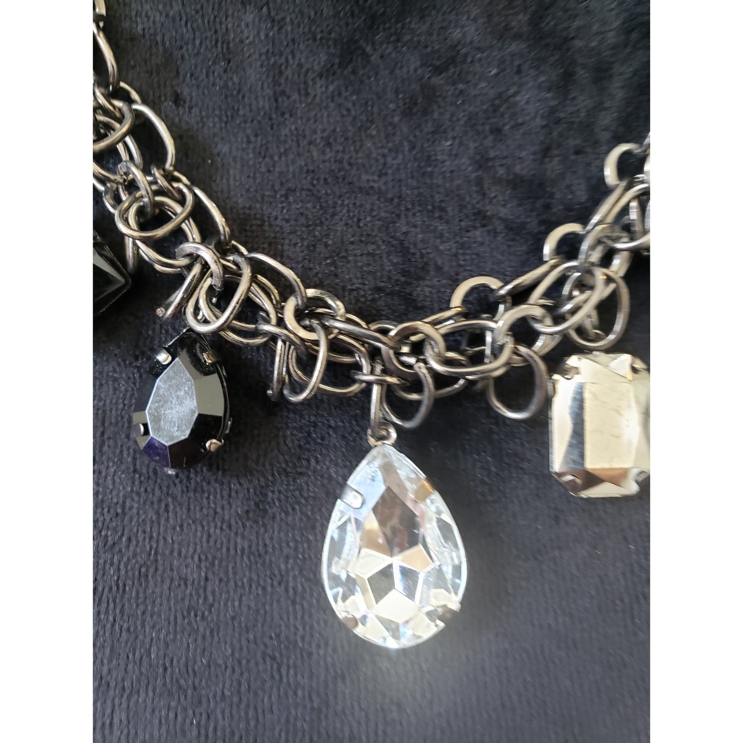 Women Gun Metal Multi-Shaped Resin Black Beads Crystal Charm Necklace Adjustable