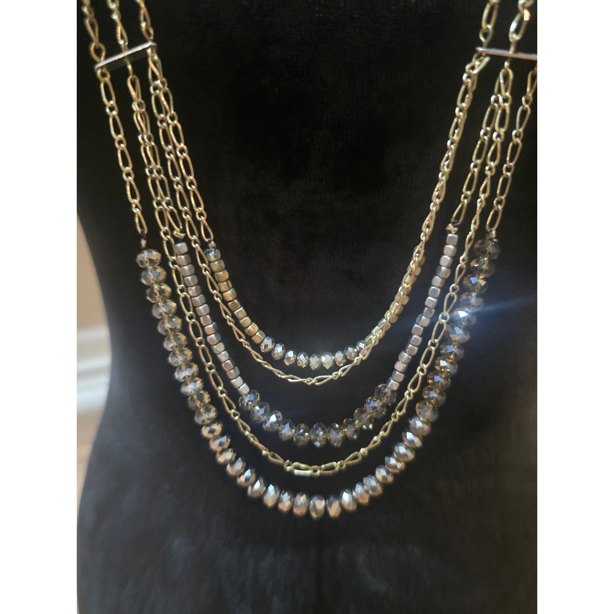 Women's Gold Beaded Multi Strand Statement Necklace With Lobster Clasp